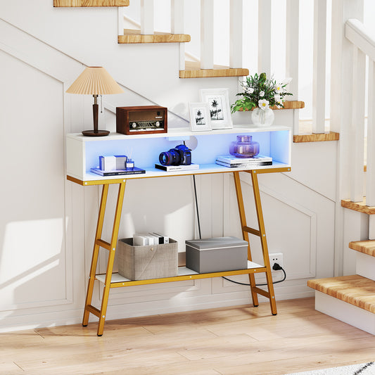 The console table in a hallway with LED lights on and decorated with books and a radio