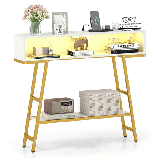 3-Tier Console Table with LED Light and Charging Station with items on shelves and gold legs