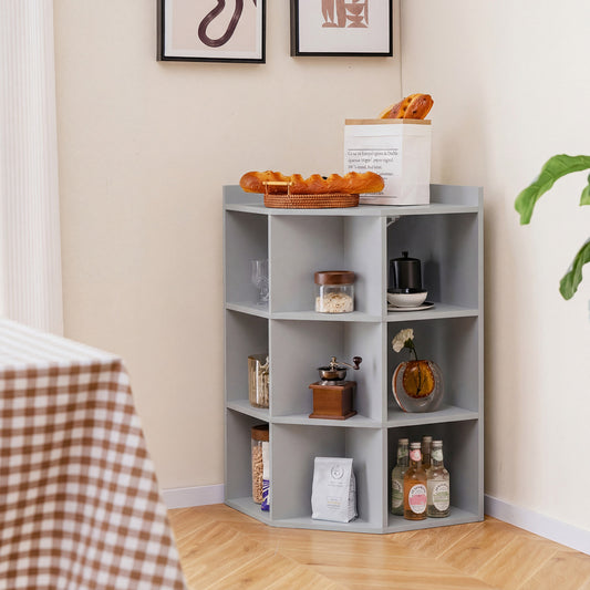 Corner cabinet with shelves, shown in a kitchen setting with bread and jars on top