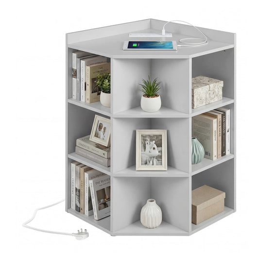 3-Tier Corner Cabinet with Charging Station and 9 Cubbies in light grey with books and ornaments