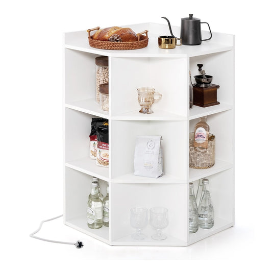 3-Tier Corner Cabinet with Charging Station and 9 Cubbies filled with various kitchen items