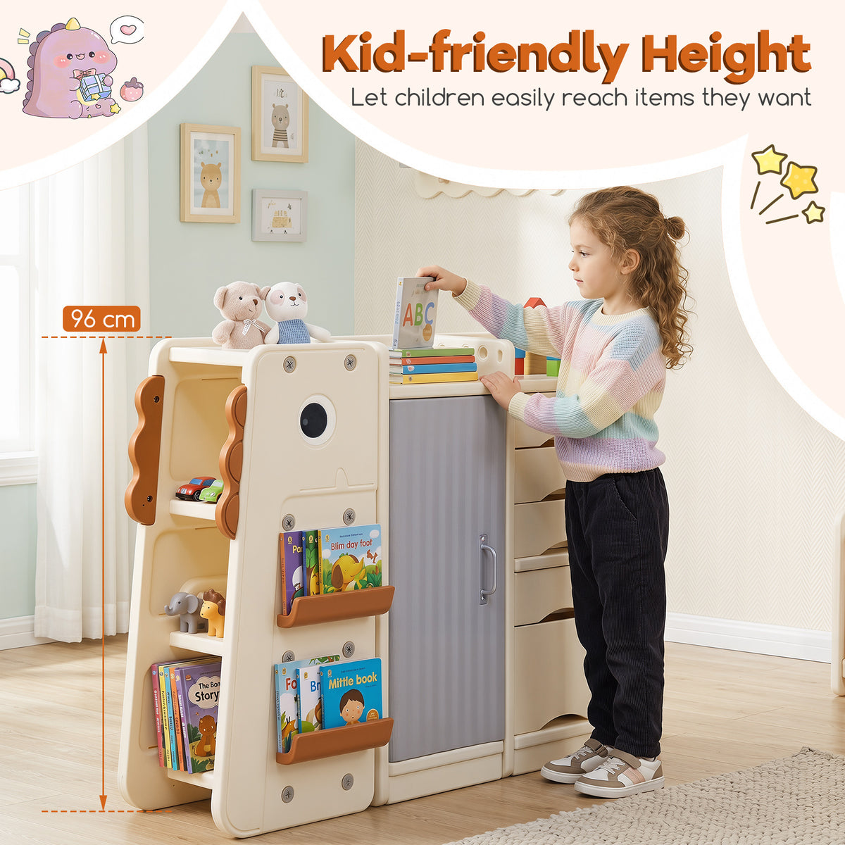 3-Tier Dinosaur Toy Chest, a young child reaching for a book on top of the kids storage unit to show its accessible height