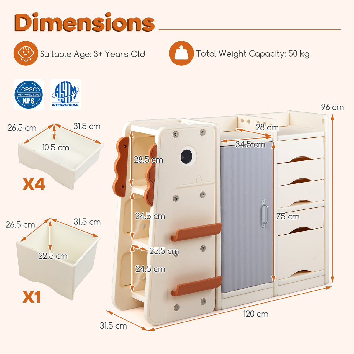 The kids storage unit with dimensions and bin sizes shown in diagrams