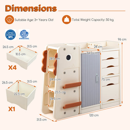 The kids storage unit with dimensions and bin sizes shown in diagrams