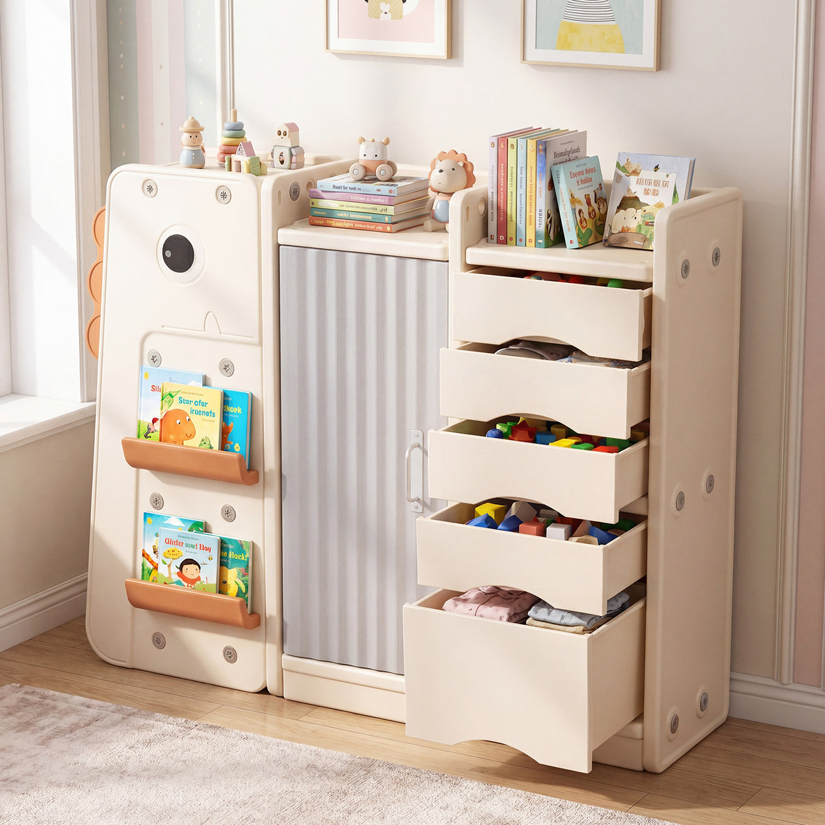 3-Tier Dinosaur Toy Chest, the kids storage unit with all the drawers pulled out to show the internal storage space