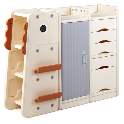 3-Tier Dinosaur Toy Chest, the kids storage unit shown empty without any toys or books on the shelves or in the drawers