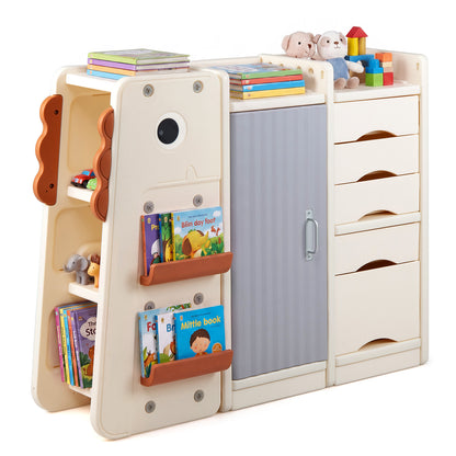 3-Tier Dinosaur Toy Chest with shelves, book racks, a central cupboard and several storage drawers