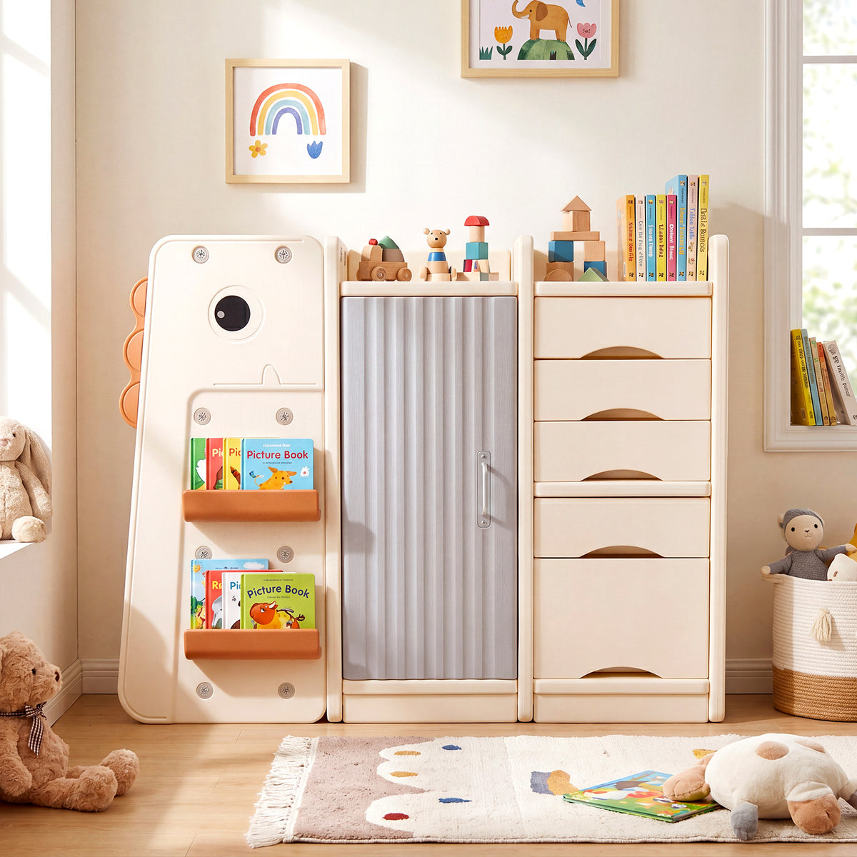 The kids storage unit standing in a bright playroom with toys and books displayed on it