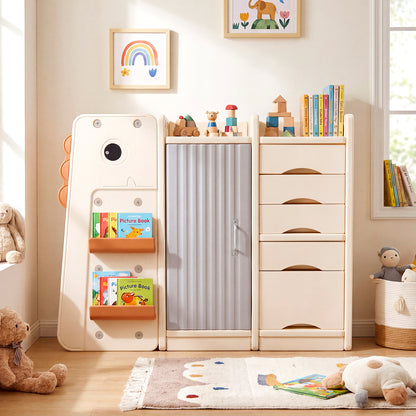 The kids storage unit standing in a bright playroom with toys and books displayed on it