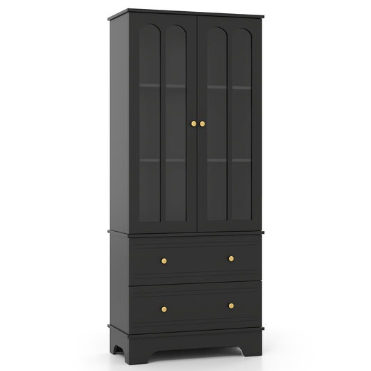 3-Tier Display Storage Cabinet with 2 Drawers and Metal Handles-Black, front view
