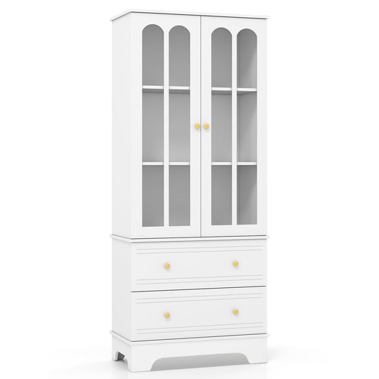 3-Tier Display Storage Cabinet with 2 Drawers and Metal Handles-White, a tall white cabinet with glass doors and two drawers