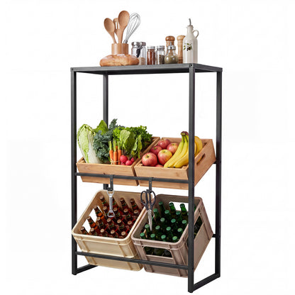 The wine rack holding crates of fruit, vegetables and bottles in a kitchen