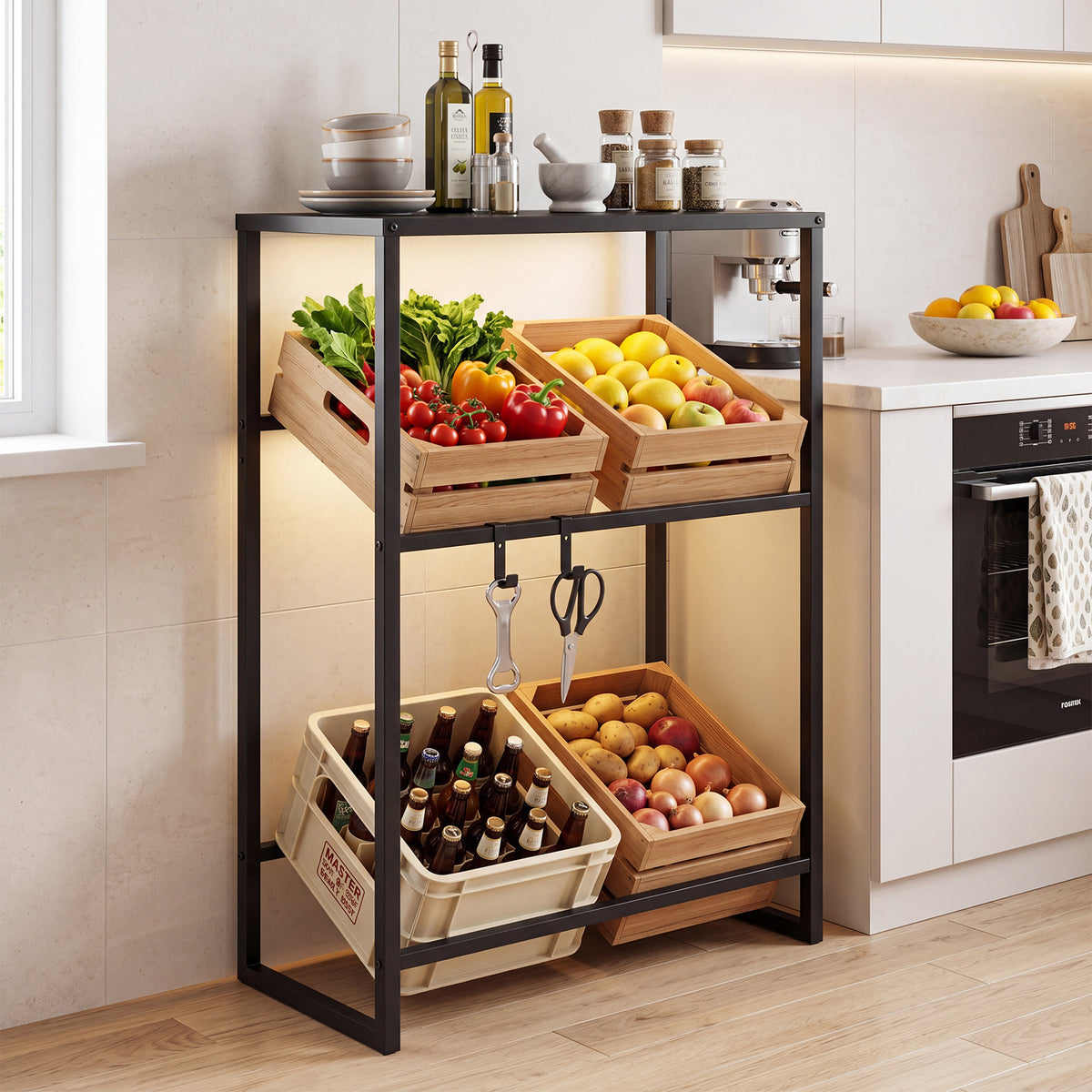 The wine rack in a kitchen holding crates of vegetables, fruit and drinks