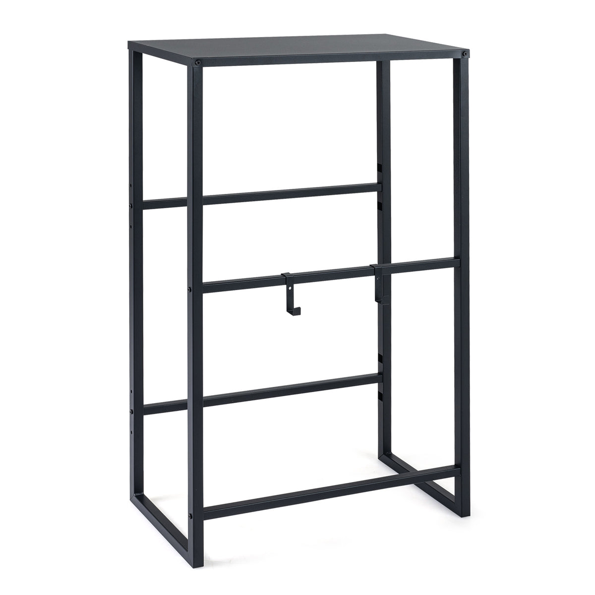 3-Tier Drink Crate Rack with shelf and 2 hanging hooks in black metal