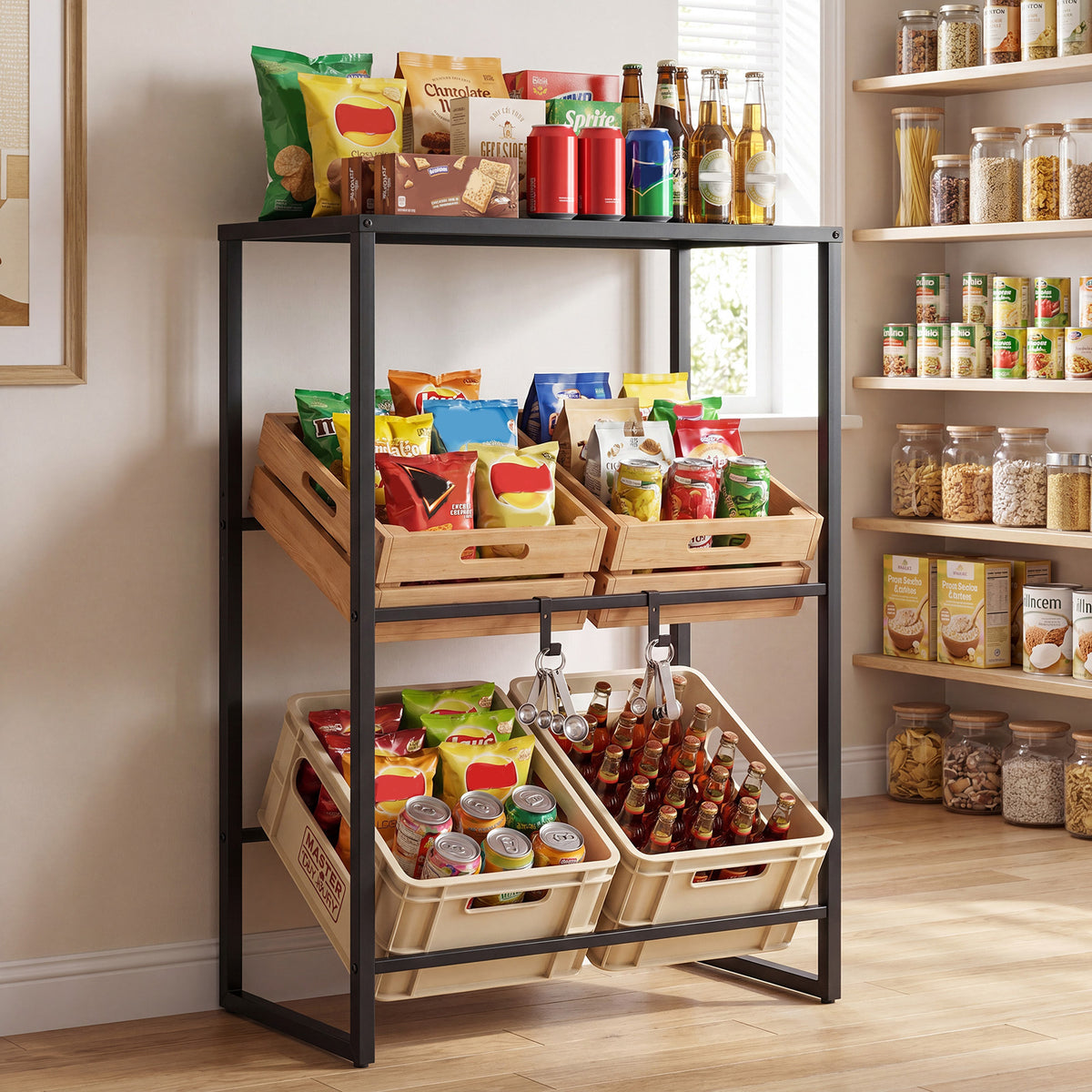 The drinks crate rack filled with snacks, drinks and produce in a pantry