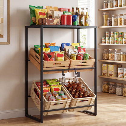 The drinks crate rack filled with snacks, drinks and produce in a pantry