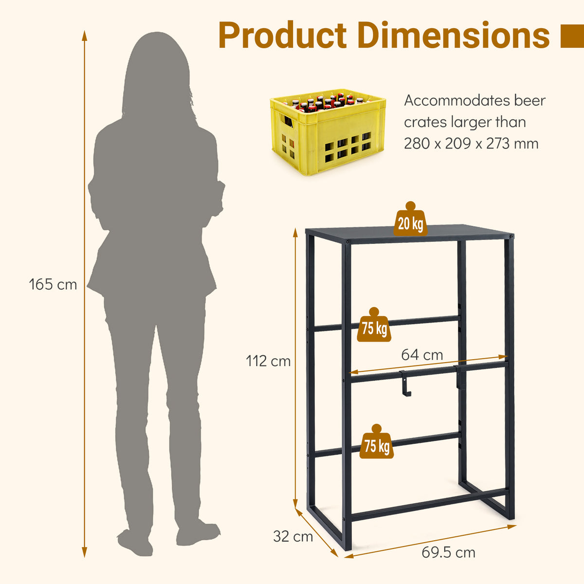 Product dimensions diagram showing the size of the black metal drink crate rack