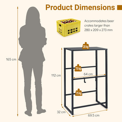 Product dimensions diagram showing the size of the black metal drink crate rack