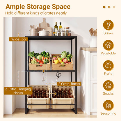 Ample storage space on the drinks crate rack with hooks and crate holders