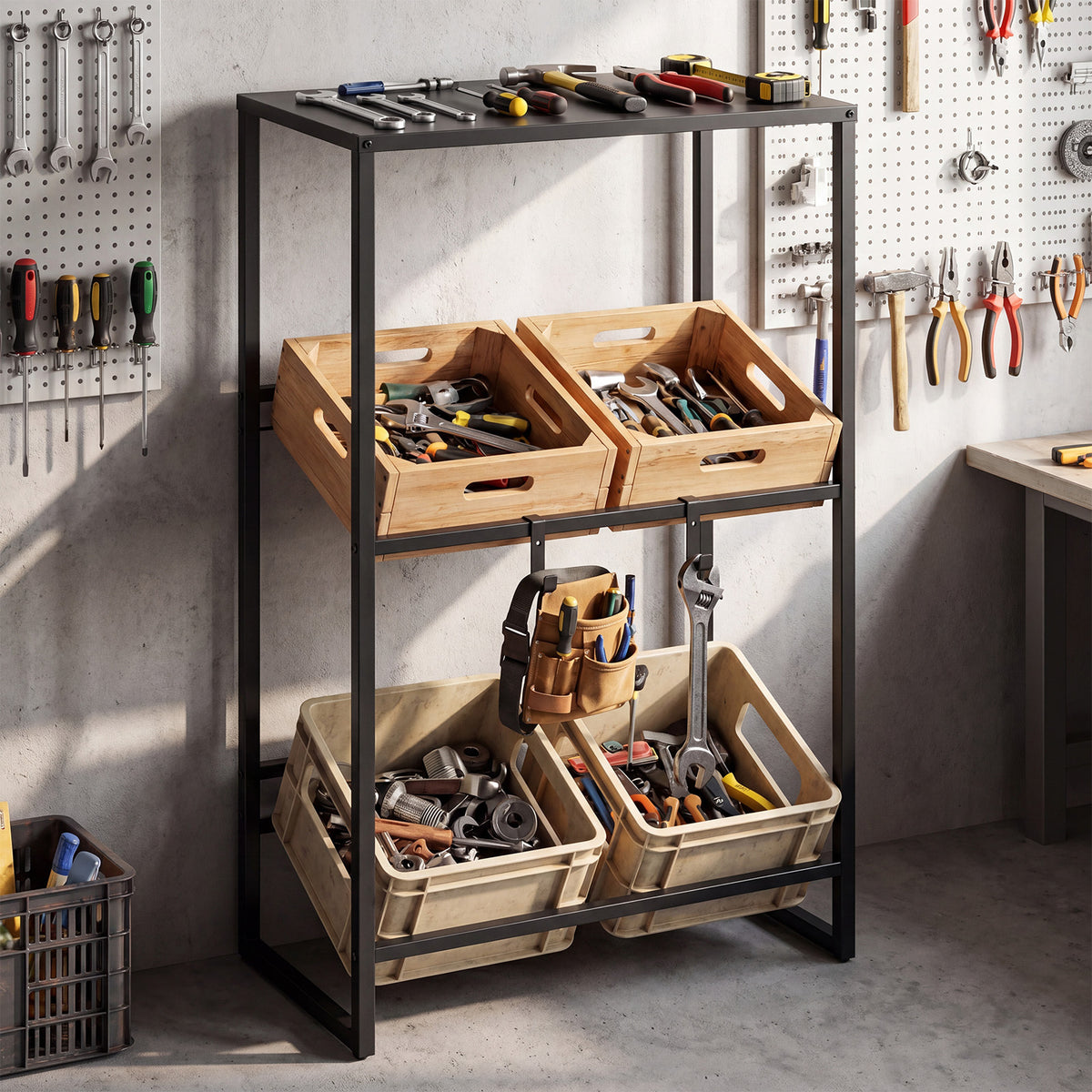 The drinks crate rack used for tool storage in a workshop setting