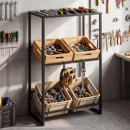 The drinks crate rack used for tool storage in a workshop setting