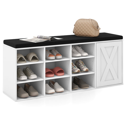 3-Tier Entryway Shoe Storage Bench with Padded Cushion in white with a black cushion and a decorative door on the right