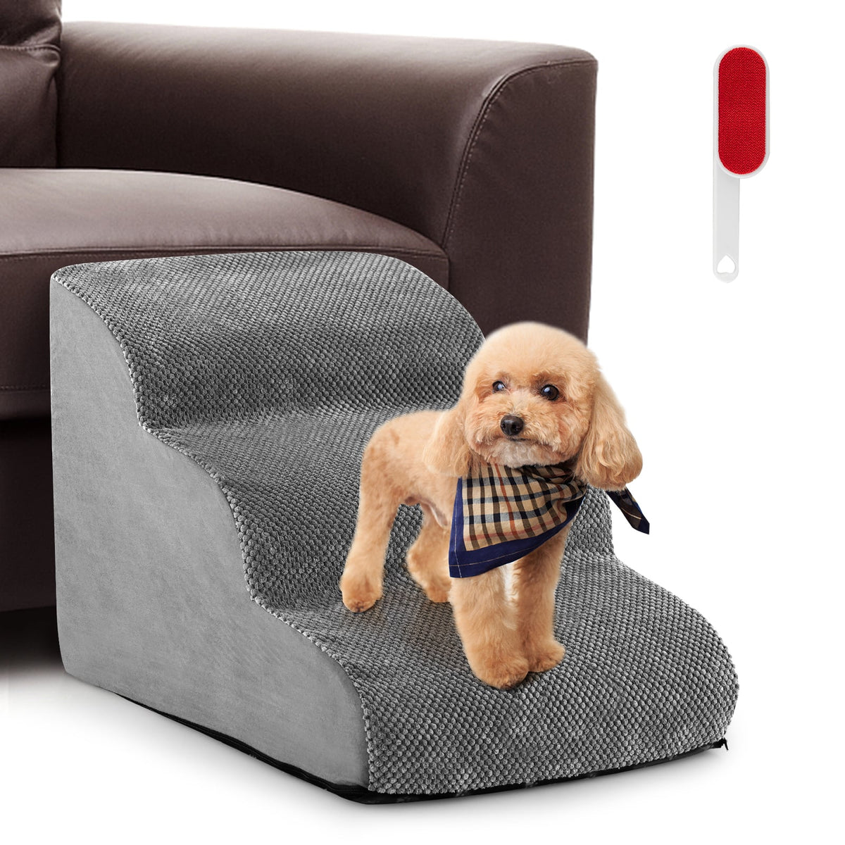 3 Tier Foam Dog Ramp with Gentle Slope Surface in grey, a small dog is on the top step