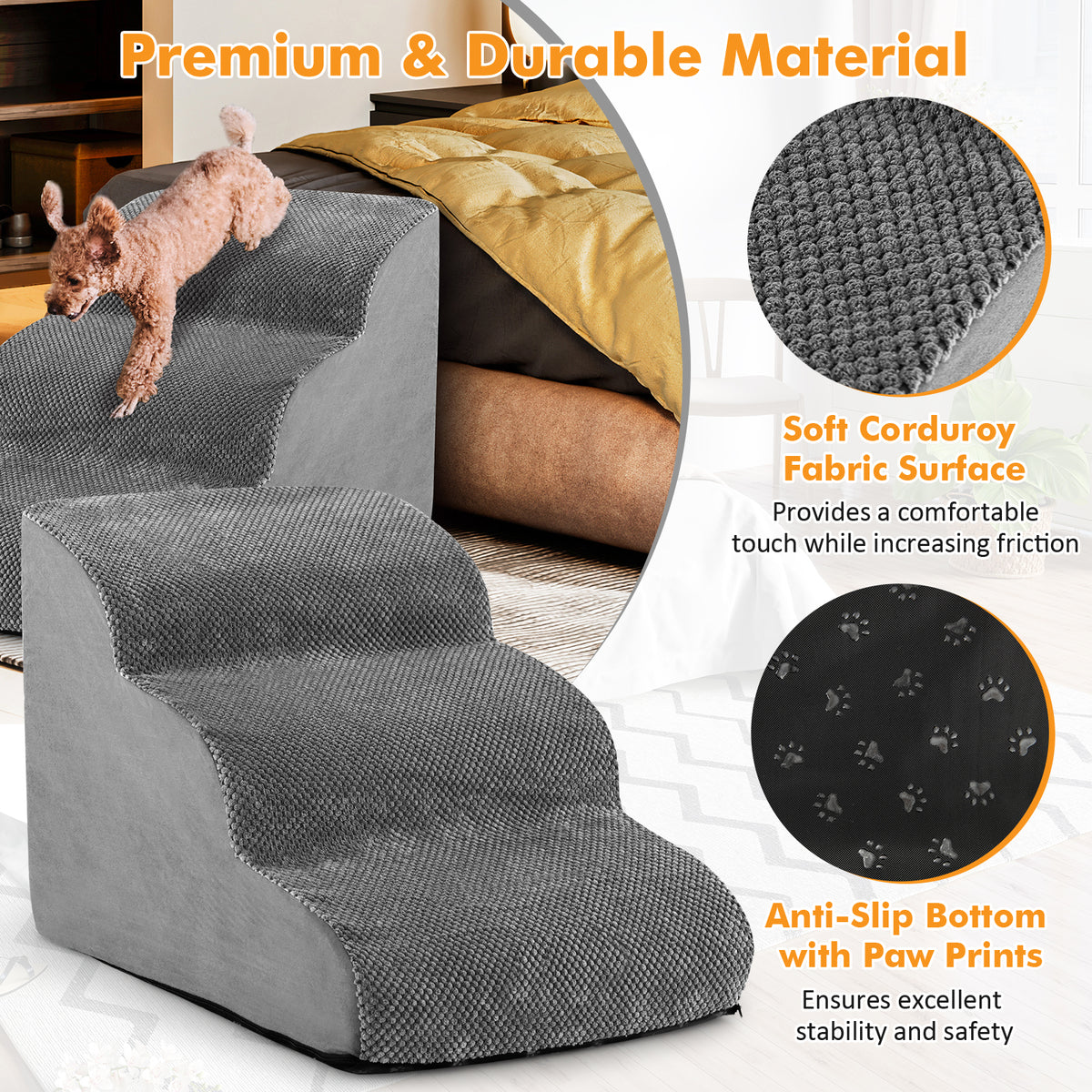 close up of the dog ramp showing the fabric surface and anti-slip bottom