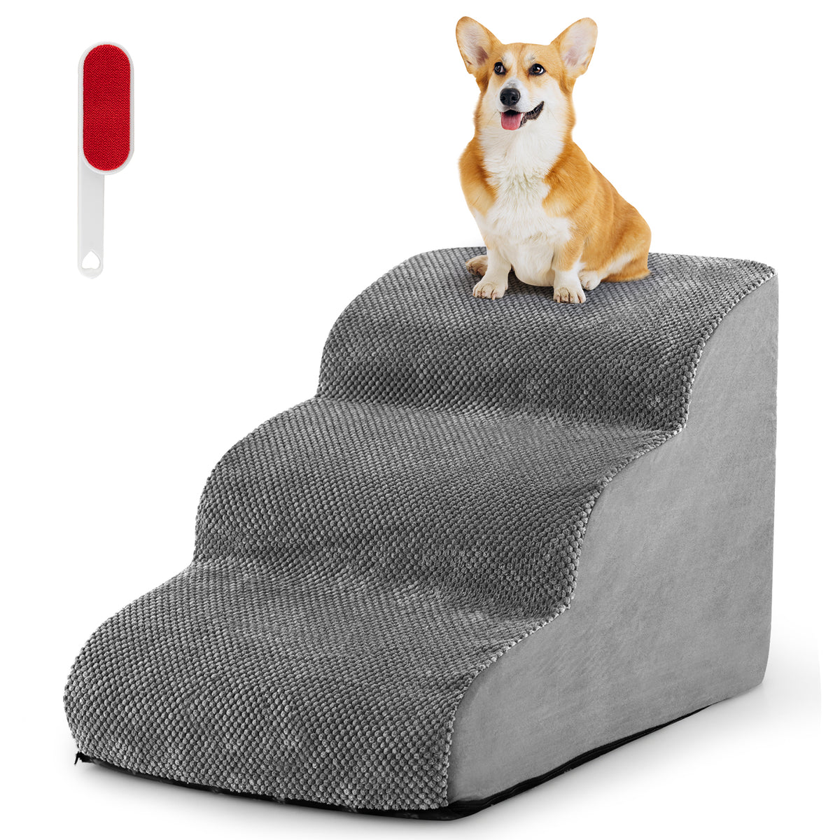the dog ramp in grey, a corgi dog is sitting on the top step