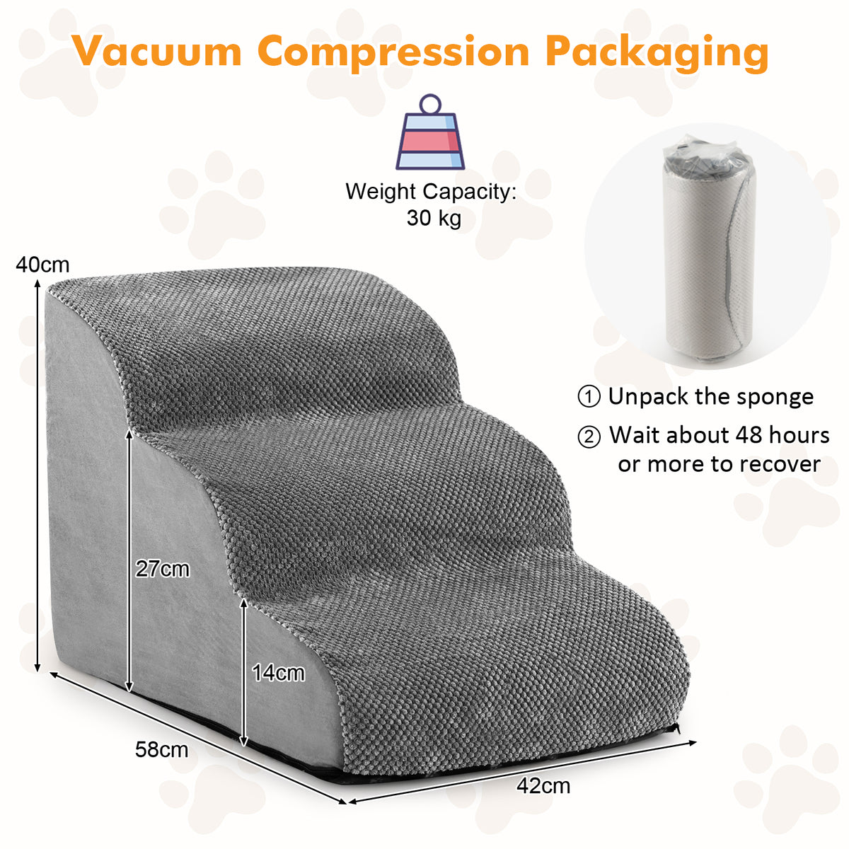 the dog ramp in grey, showing dimensions and vacuum compression packaging instructions