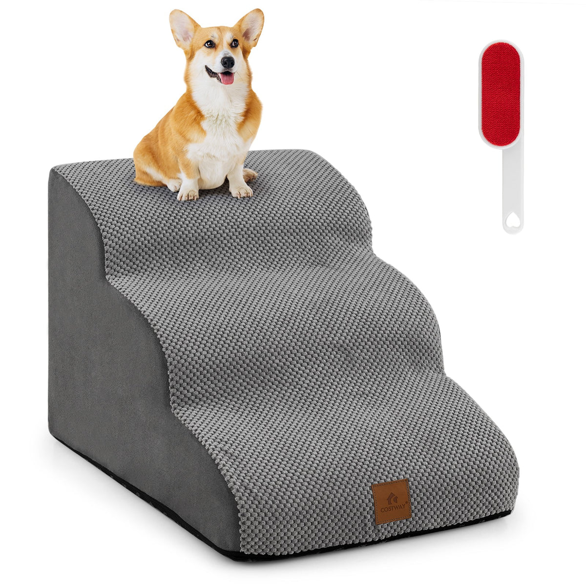 3-Tier Foam Non-Slip Dog Ramp with Gentle Slope Surface, a small dog sits on the top step