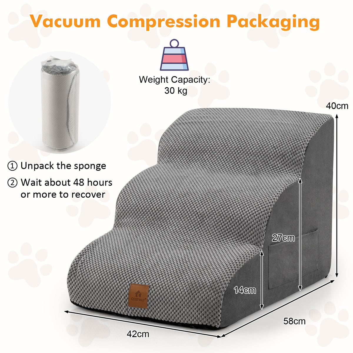 A grey foam dog ramp with dimensions shown, indicating vacuum compression packaging