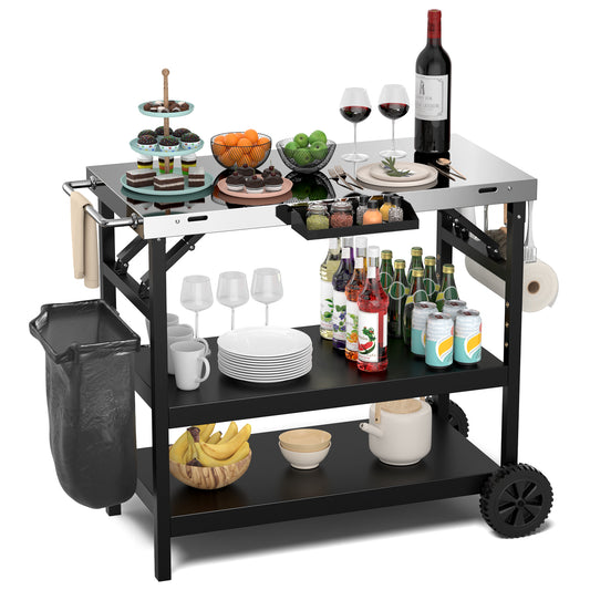3-Tier Foldable Stainless Outdoor Cart with 2 Wheels fully stocked with food and drinks on white