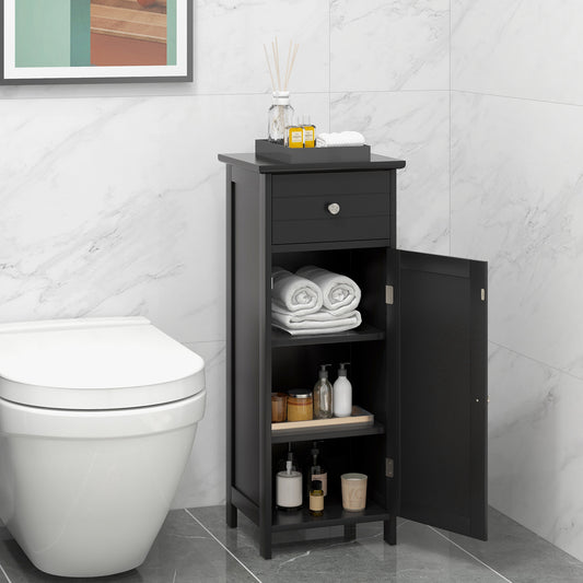 The floor cabinet placed in a bathroom next to a white toilet with toiletries inside