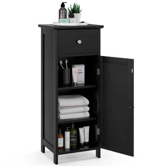 3-Tier Free-Standing Bathroom Cabinet with Drawer showing open door and filled shelves