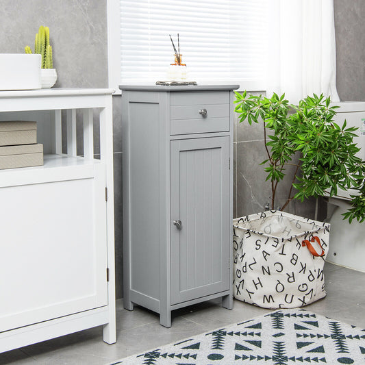 Grey bathroom cabinet with drawer, shown in a bathroom setting next to a bathtub