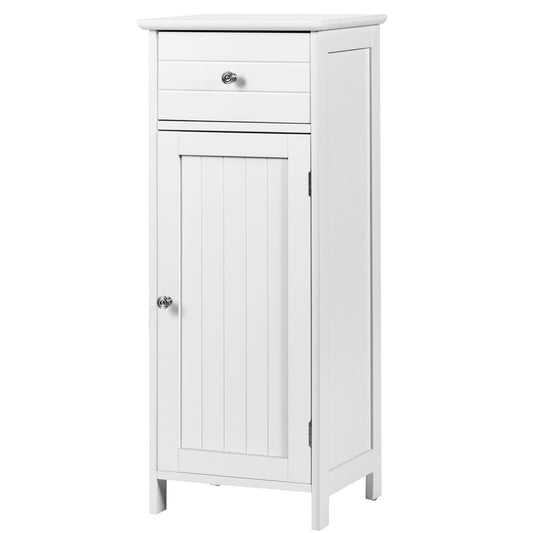 3-Tier Free-Standing Bathroom Cabinet with Drawer, a tall white cabinet with one drawer and one door, showing its front
