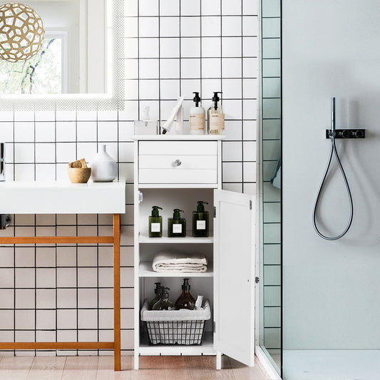 The floor cabinet with its door open, showing the shelves inside and a drawer above, in a bathroom setting