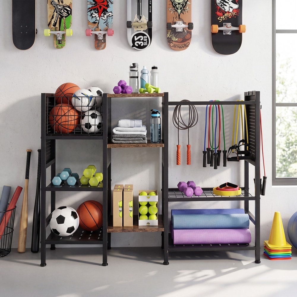 The storage unit in a home gym with sports equipment