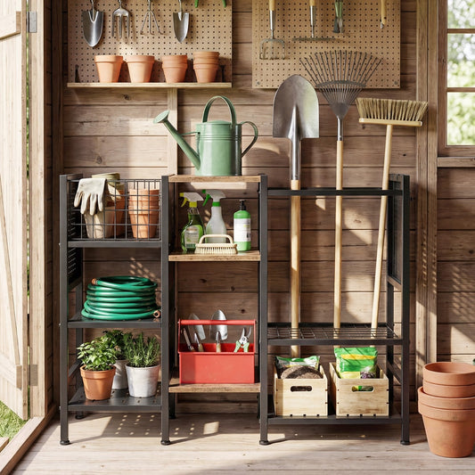 The garden tool storage unit in a wooden shed filled with gardening tools and pots