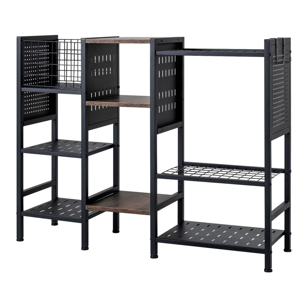3-Tier Garden Tool Organizer with wooden shelves and tool storage holds up to 66 long handled shovels-black