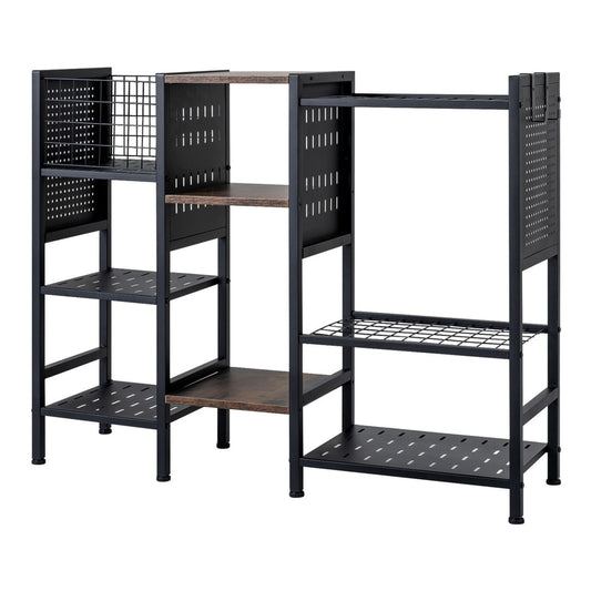 3-Tier Garden Tool Organizer with wooden shelves and tool storage holds up to 66 long handled shovels-black