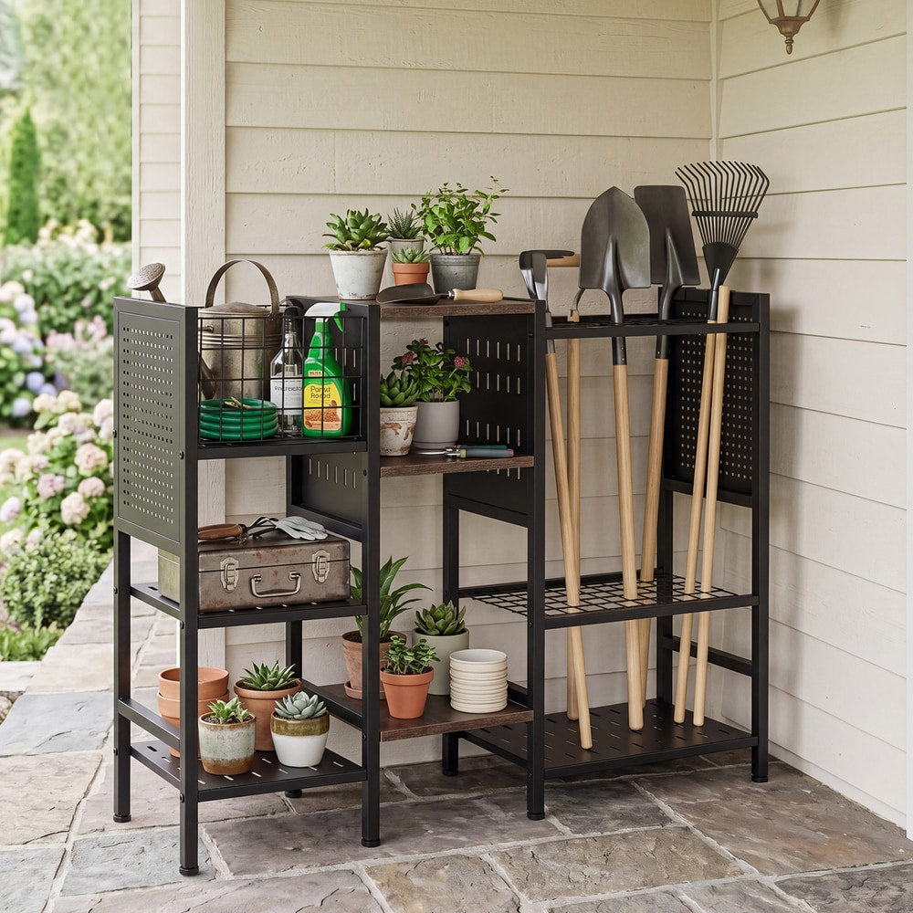 The outdoor storage rack on a patio filled with plants and garden tools