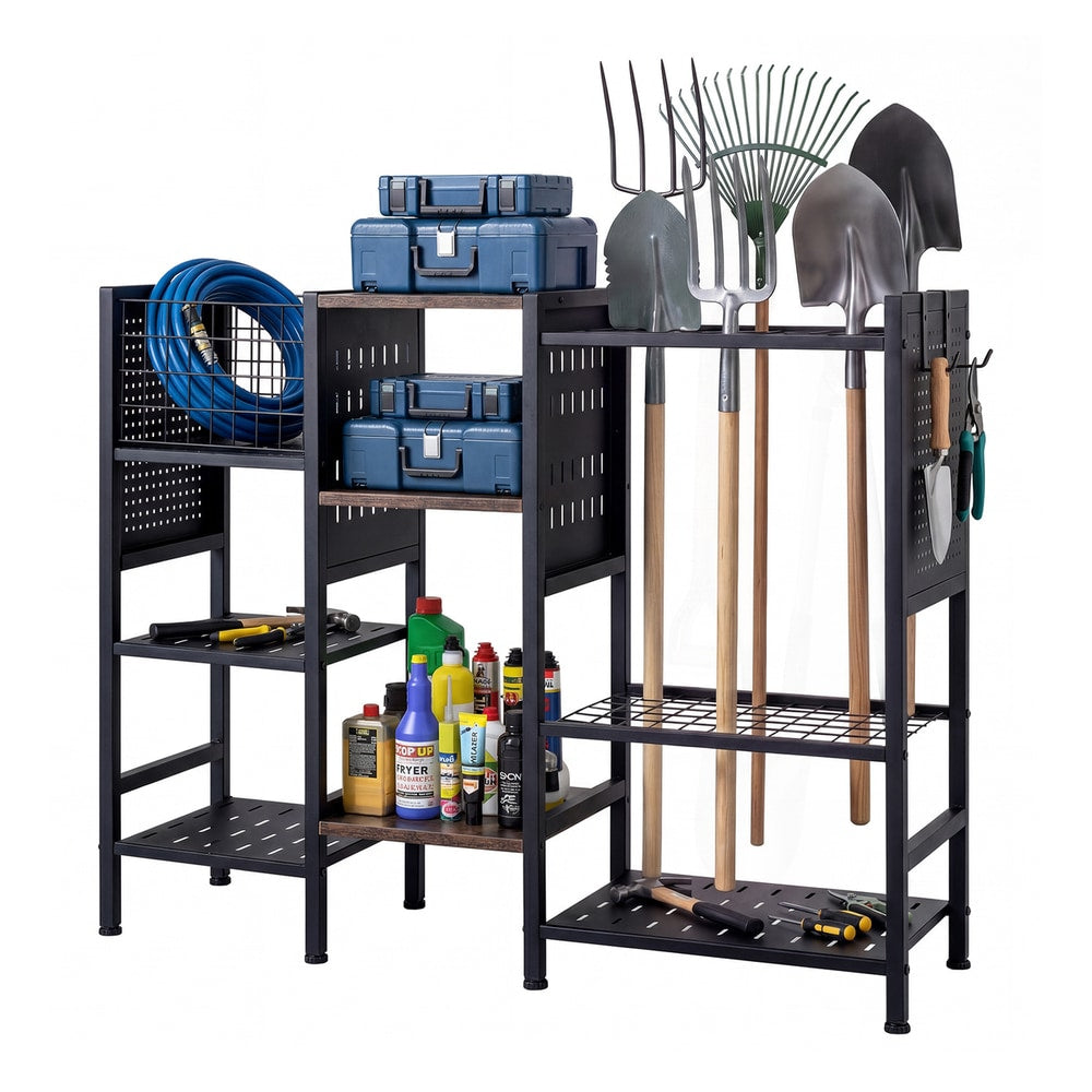 The garden storage unit on a patio with various gardening tools and cleaning supplies