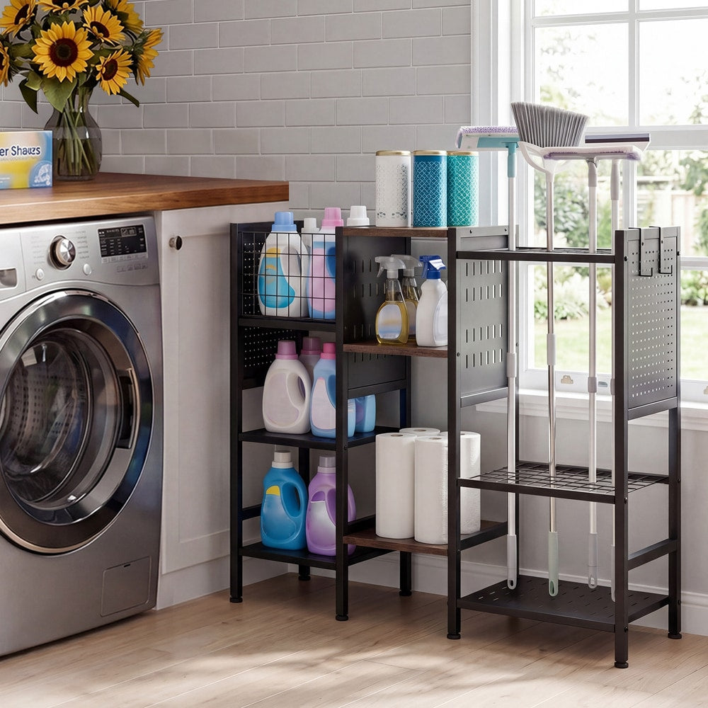 The storage shelves in a utility room next to a washing machine with cleaning supplies
