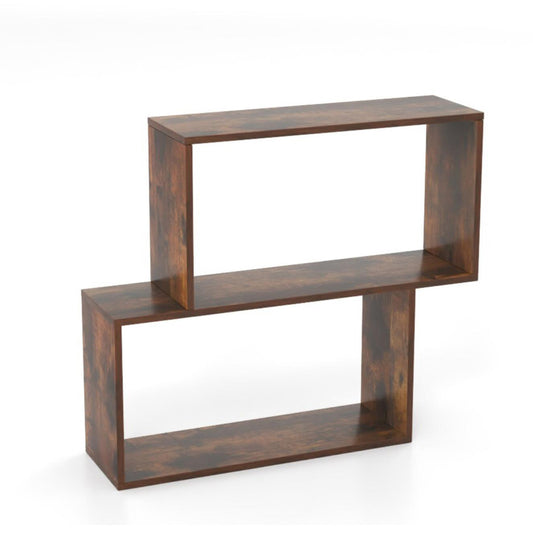 3-Tier Geometric Bookshelf in rustic brown with two open cubic compartments on a white background