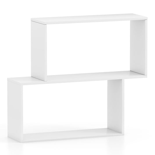 3-Tier Geometric Bookshelf freestanding wooden bookcase with two cubic compartments in white
