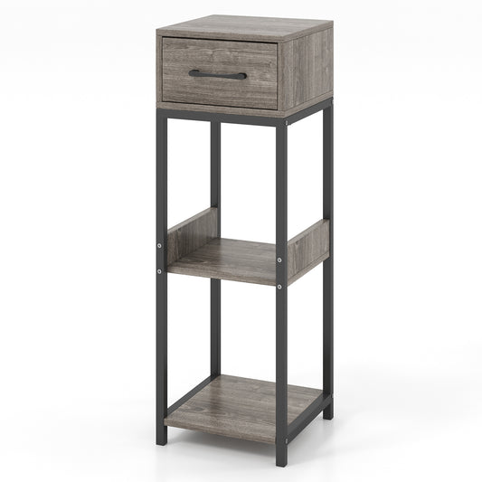3 Tier Indoor Tall Plant Stand with drawer and anti-tipping devices in grey wood effect finish