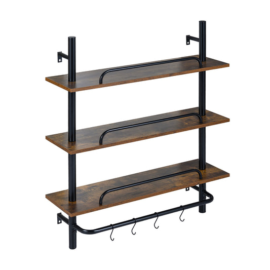 3-Tier Industrial Floating Shelves with 4 S-shaped hooks in black metal and wood effect