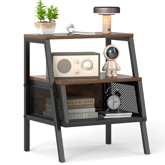 3-Tier Industrial Nightstand with rustic brown shelves and black metal frame